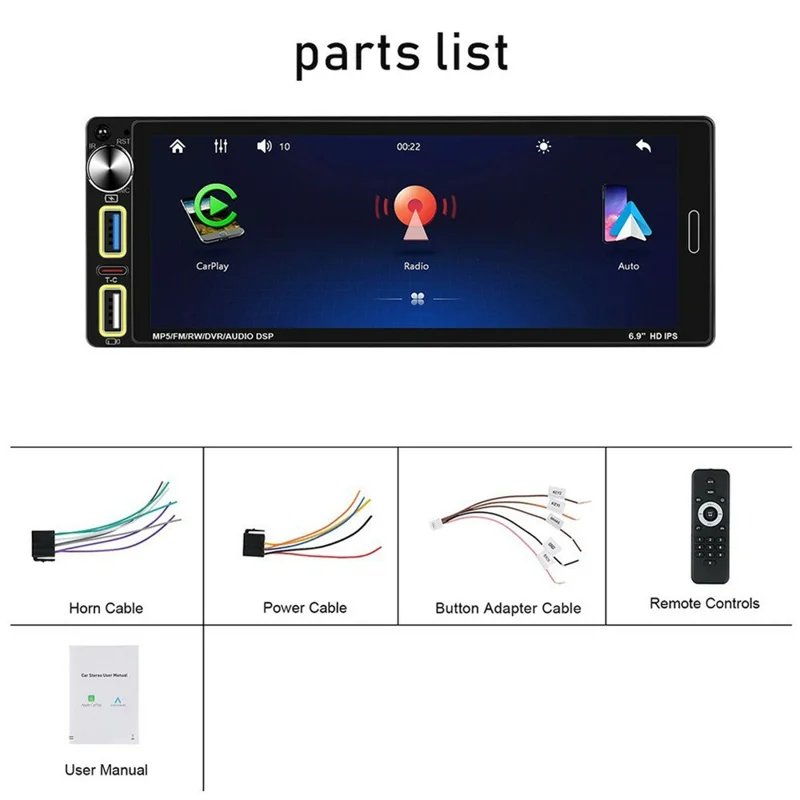 6290W 6.9 Inch Touch Screen Single Din Car Stereo Radio CarPlay Android Auto Bluetooth-compatible MP5 Player