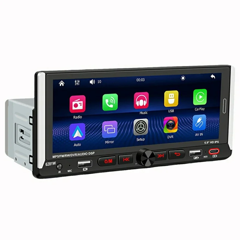 6281W Single DIN Car Stereo Radio 6.9 Inch Touch Screen GPS Navigation MirrorLink Android Auto Wireless CarPlay Player