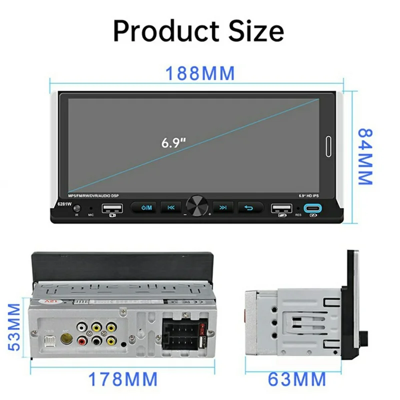 6281W Single DIN Car Stereo Radio 6.9 Inch Touch Screen GPS Navigation MirrorLink Android Auto Wireless CarPlay Player