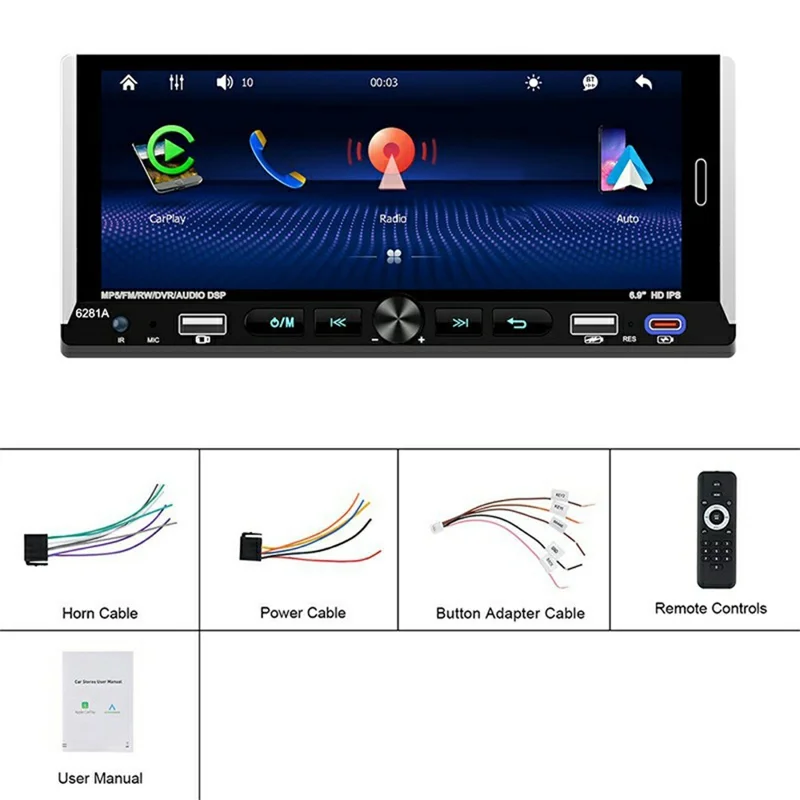 6281W Single DIN Car Stereo Radio 6.9 Inch Touch Screen GPS Navigation MirrorLink Android Auto Wireless CarPlay Player