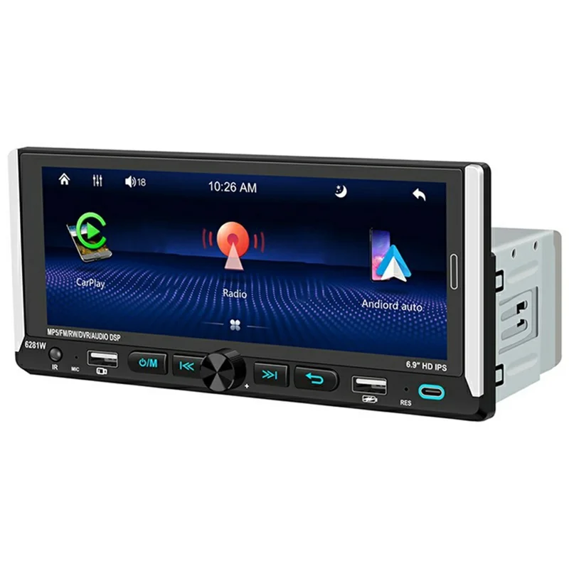 6281W Single DIN Car Stereo Radio 6.9 Inch Touch Screen GPS Navigation MirrorLink Android Auto Wireless CarPlay Player