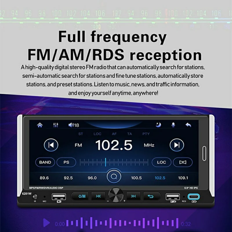 6281W Single DIN Car Stereo Radio 6.9 Inch Touch Screen GPS Navigation MirrorLink Android Auto Wireless CarPlay Player