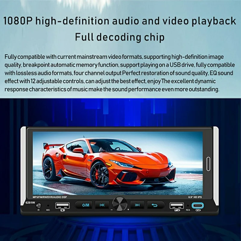 6281W Single DIN Car Stereo Radio 6.9 Inch Touch Screen GPS Navigation MirrorLink Android Auto Wireless CarPlay Player