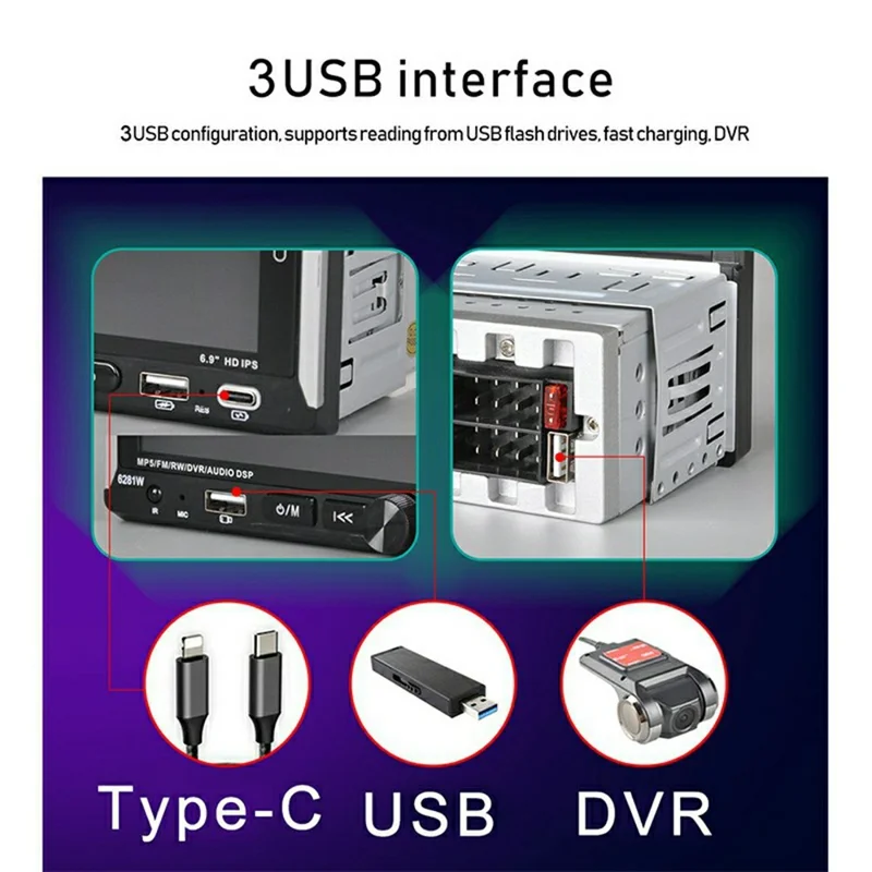 6281W Single DIN Car Stereo Radio 6.9 Inch Touch Screen GPS Navigation MirrorLink Android Auto Wireless CarPlay Player