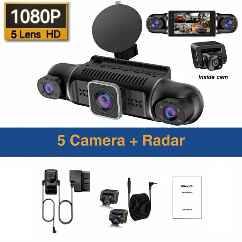 2K + 1080Px4 5 Channels 3.0 Inch Screen Car Dash Cam 24 Hour Parking Monitor Night Vision WiFi Camera Support OBD - Black