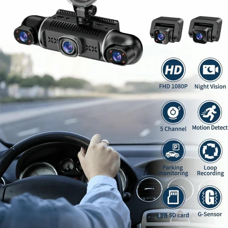 2K + 1080Px4 5 Channels 3.0 Inch Screen Car Dash Cam 24 Hour Parking Monitor Night Vision WiFi Camera Support OBD - Black
