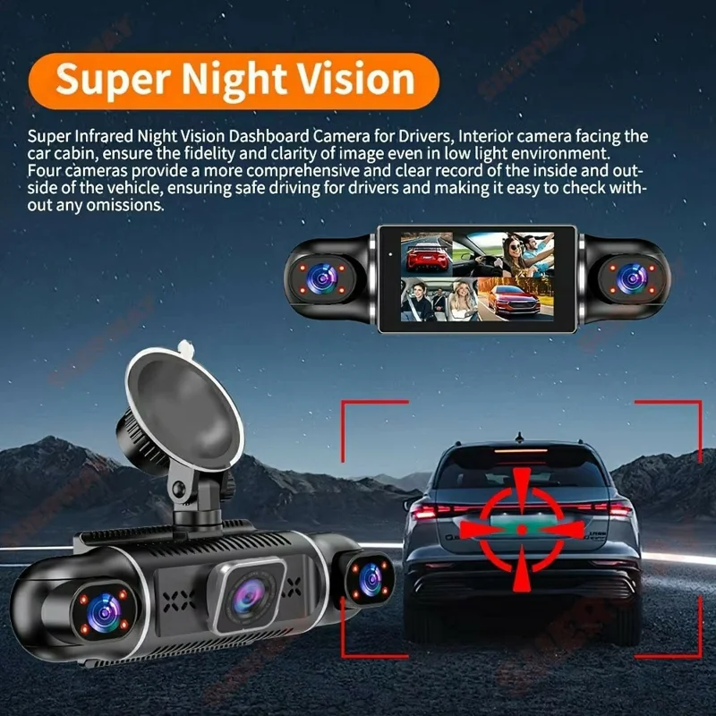 2K + 1080Px4 5 Channels 3.0 Inch Screen Car Dash Cam 24 Hour Parking Monitor Night Vision WiFi Camera Support OBD - Black