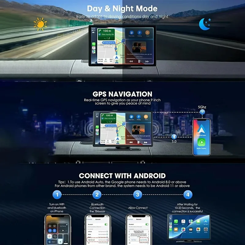 9 Inch Large Screen Allwinner V553 Wireless CarPlay Screen Multimedia Player with 4K + 1080P Front and Rear Dual Recording Dash Cam - Black