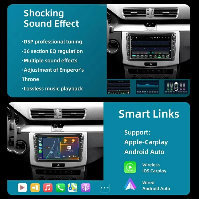 8 Inch CarPlay Android 9.0 Quad Core GPS Navigation Car Stereo Multimedia Player for Volkswagen 2003-2016, 2+32GB - Black