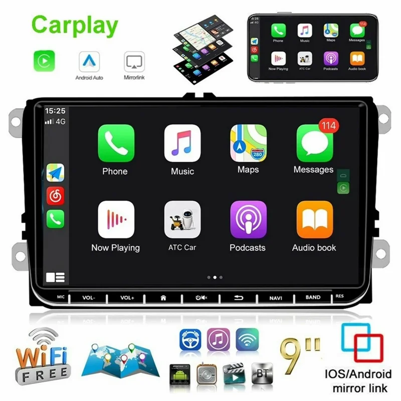 9 Inch CarPlay Android 9.0 Quad Core GPS Navigation Car Stereo Multimedia Player for Volkswagen 2003-2016, 2+32GB - Black
