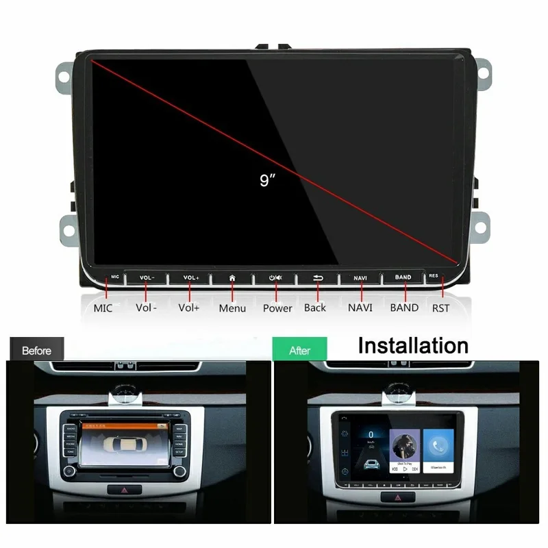 9 Inch CarPlay Android 9.0 Quad Core GPS Navigation Car Stereo Multimedia Player for Volkswagen 2003-2016, 2+32GB - Black