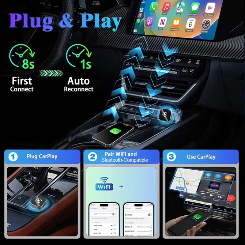 Q1A Von Kabelgebunden zu Kabellos Carplay / Android Auto 2-in-1-Dongle Auto Connect Mini-Adapter – Schwarz + Bunte Symbole