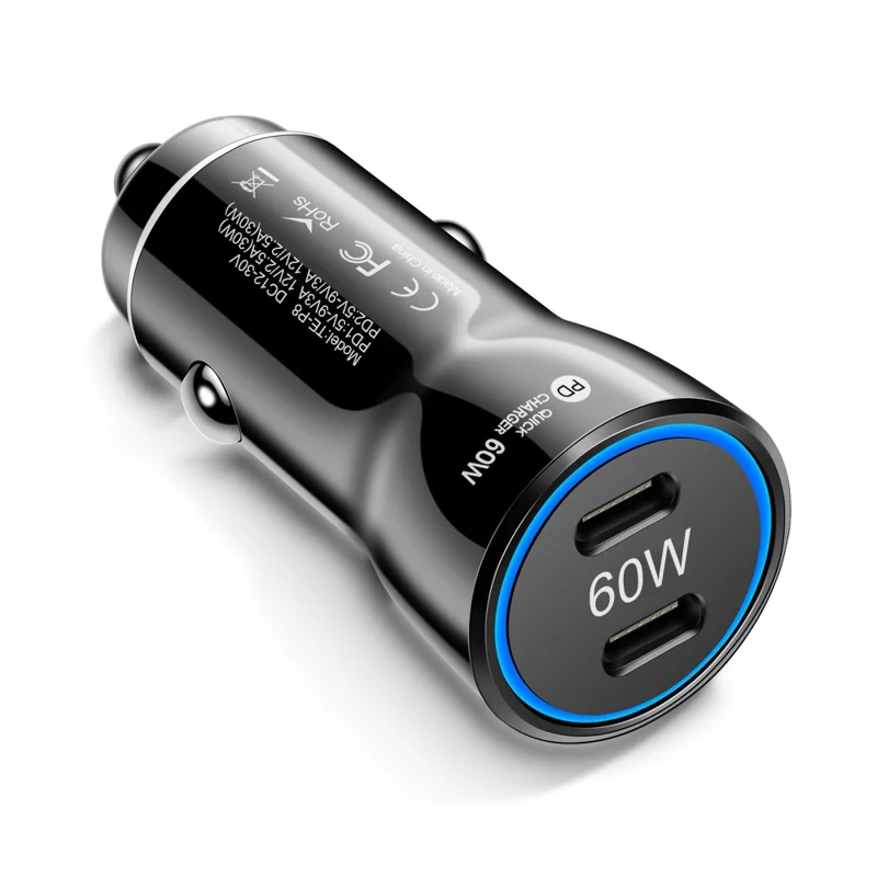 PD 30W Fast Charging Adapter Portable Dual Type-C Car Charger with LED Light Ring - Black