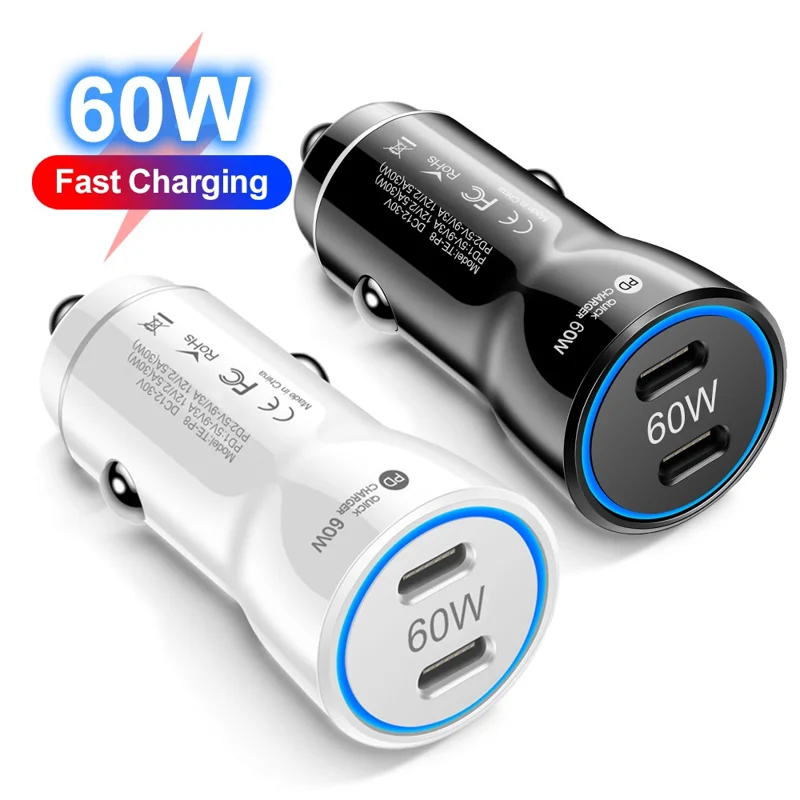 PD 30W Fast Charging Adapter Portable Dual Type-C Car Charger with LED Light Ring - Black