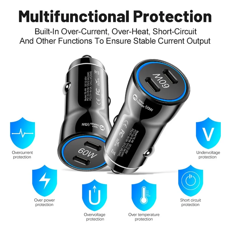 PD 30W Fast Charging Adapter Portable Dual Type-C Car Charger with LED Light Ring - Black