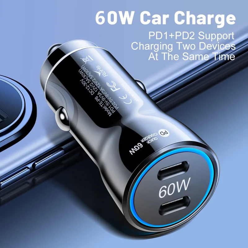 PD 30W Fast Charging Adapter Portable Dual Type-C Car Charger with LED Light Ring - Black
