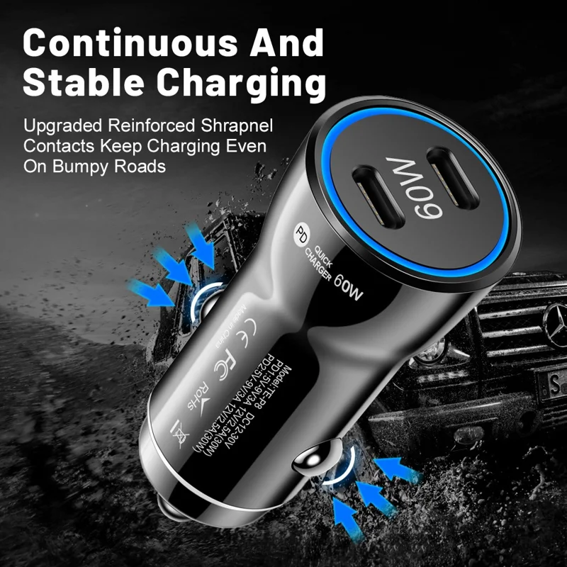 PD 30W Fast Charging Adapter Portable Dual Type-C Car Charger with LED Light Ring - Black