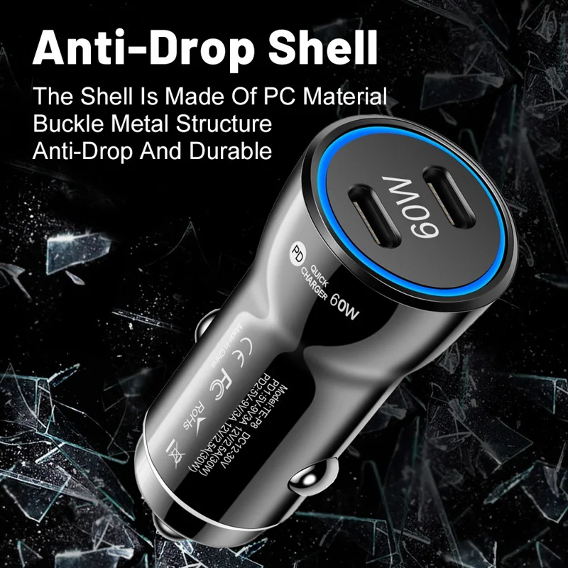 PD 30W Fast Charging Adapter Portable Dual Type-C Car Charger with LED Light Ring - Black