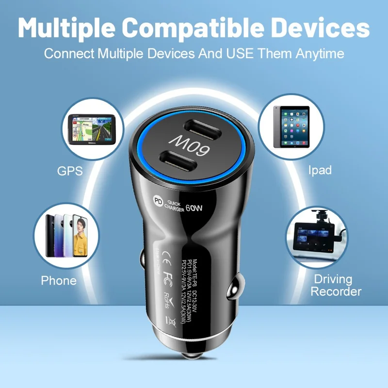 PD 30W Fast Charging Adapter Portable Dual Type-C Car Charger with LED Light Ring - Black