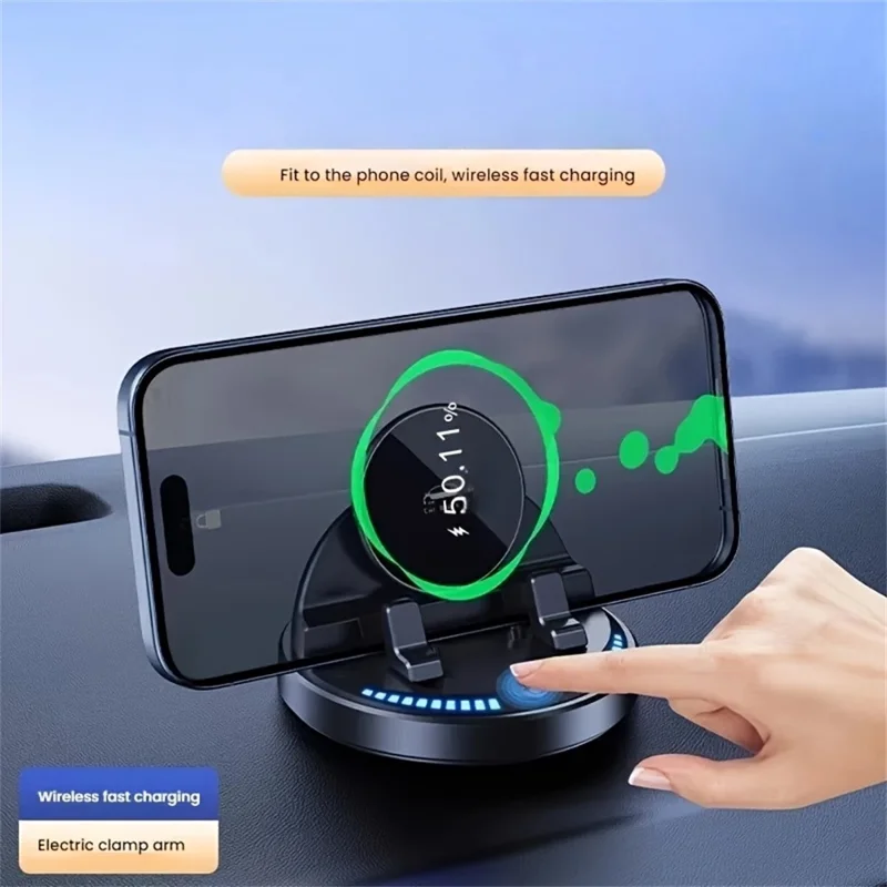 15W Wireless Fast Charger Auto Clamp 360 Degree Rotatable Car Dashboard Mount Phone Holder Bracket - Black