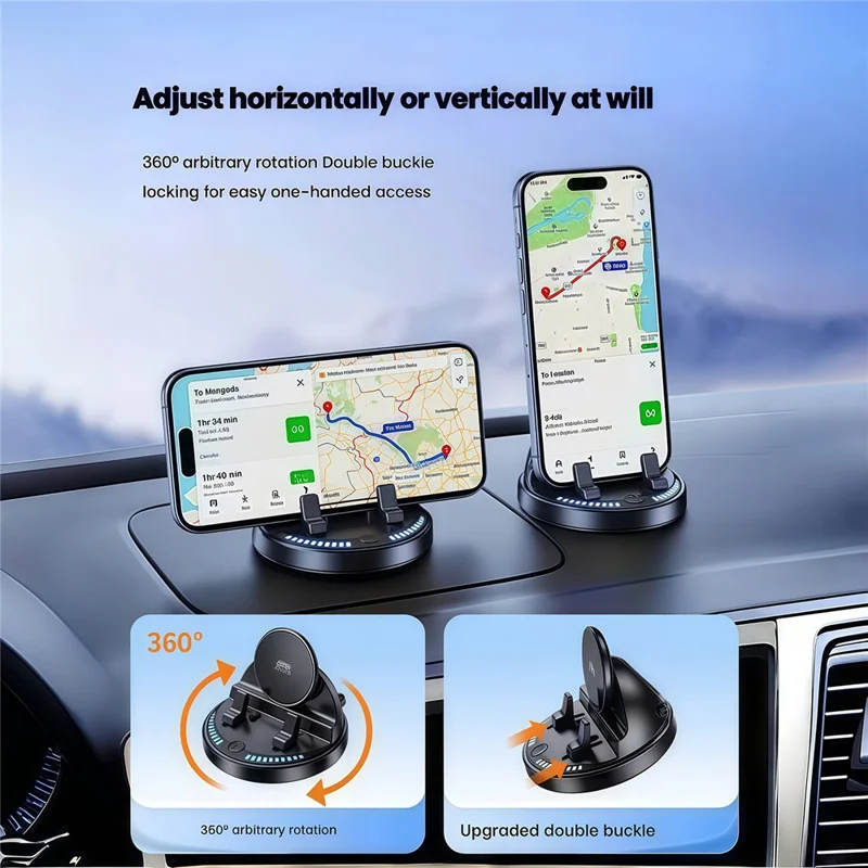 15W Wireless Fast Charger Auto Clamp 360 Degree Rotatable Car Dashboard Mount Phone Holder Bracket - Black