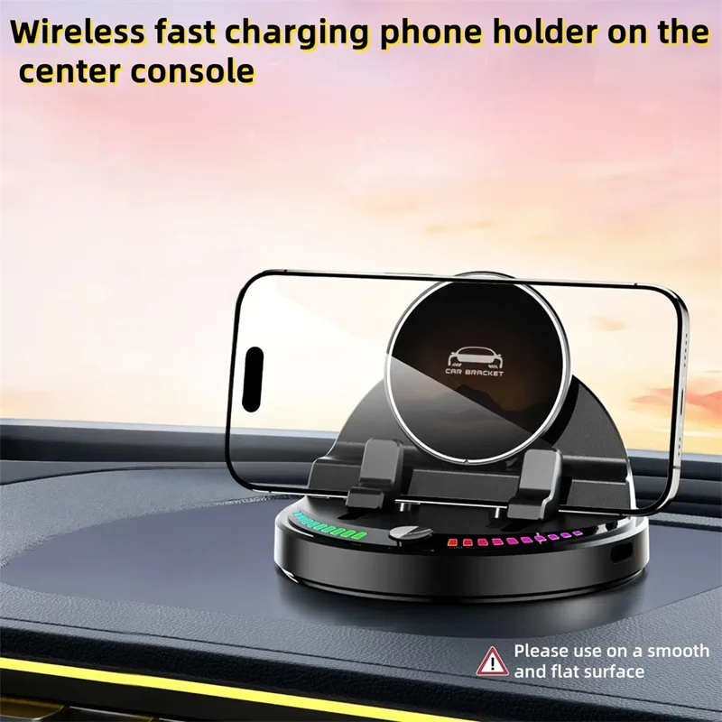 15W Wireless Fast Charger Auto Clamp 360 Degree Rotatable Car Dashboard Mount Phone Holder Bracket - Black