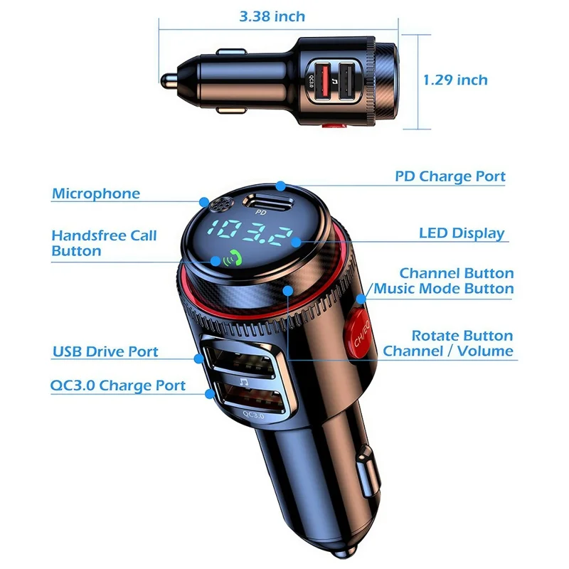 PD 30W + QC3.0 Car Charger Bluetooth-compatible MP3 Player FM Transmitter Hands Free Calling for Vehicle