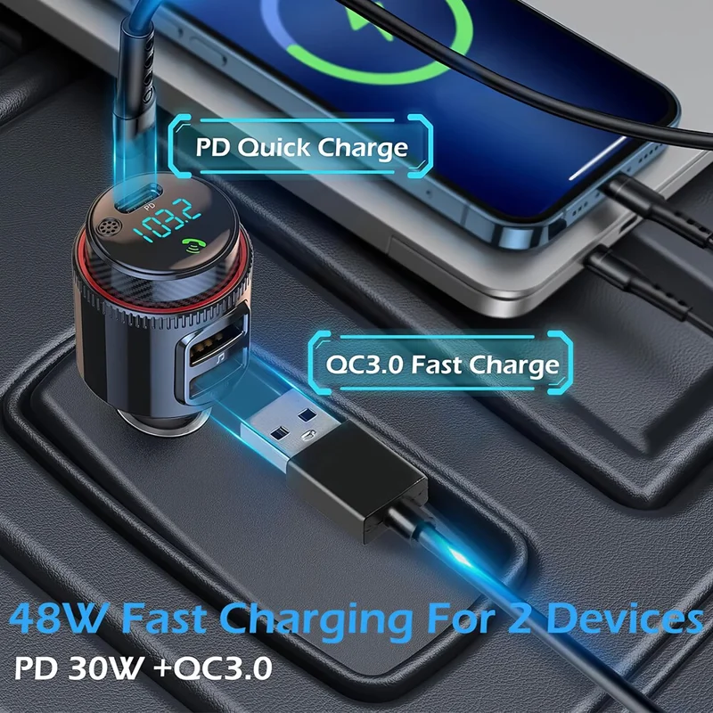 PD 30W + QC3.0 Car Charger Bluetooth-compatible MP3 Player FM Transmitter Hands Free Calling for Vehicle