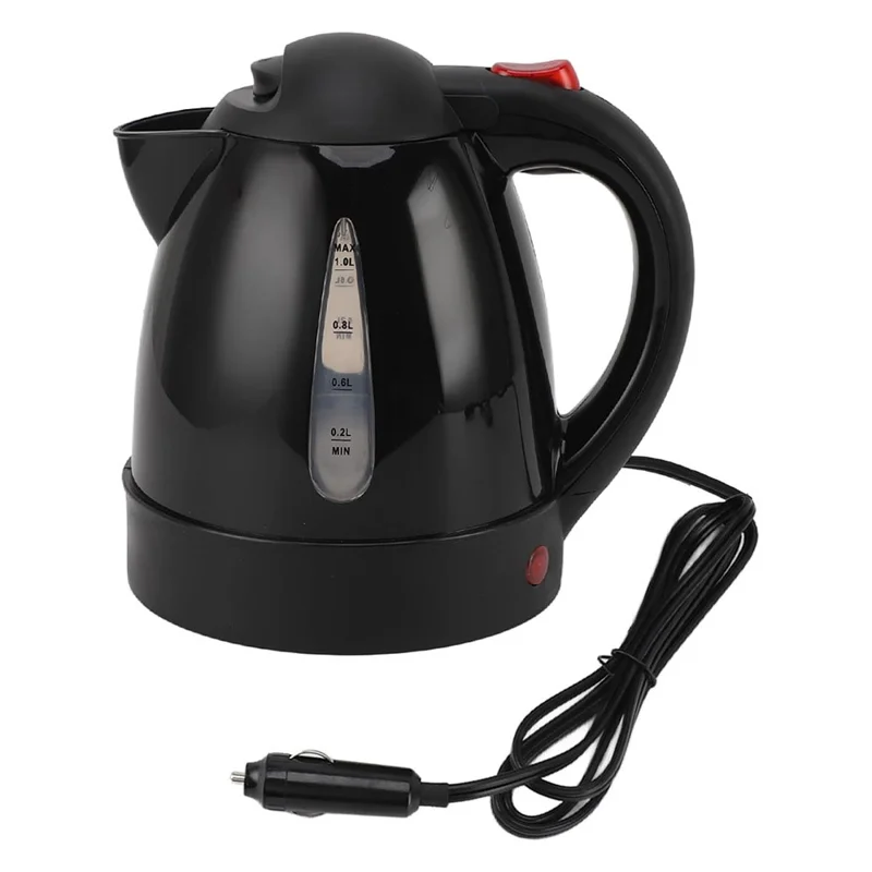 24V Portable Car Electric Water Kettle 1L 250W Fast Boiling Tea Kettle with Cigarette Lighter Cord (BPA Free, No FDA) - Black