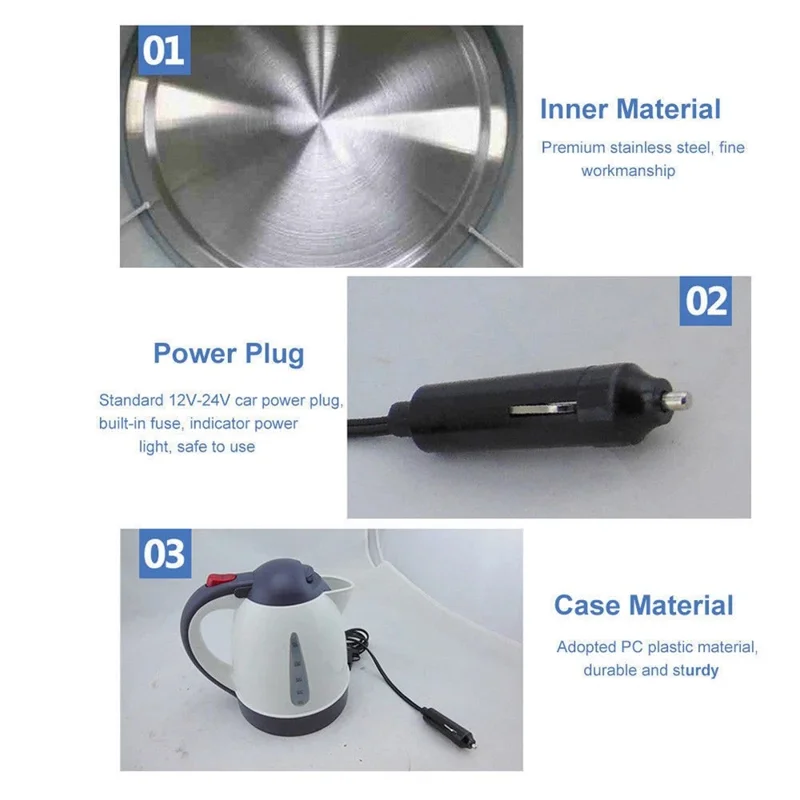 24V Portable Car Electric Water Kettle 1L 250W Fast Boiling Tea Kettle with Cigarette Lighter Cord (BPA Free, No FDA) - Black