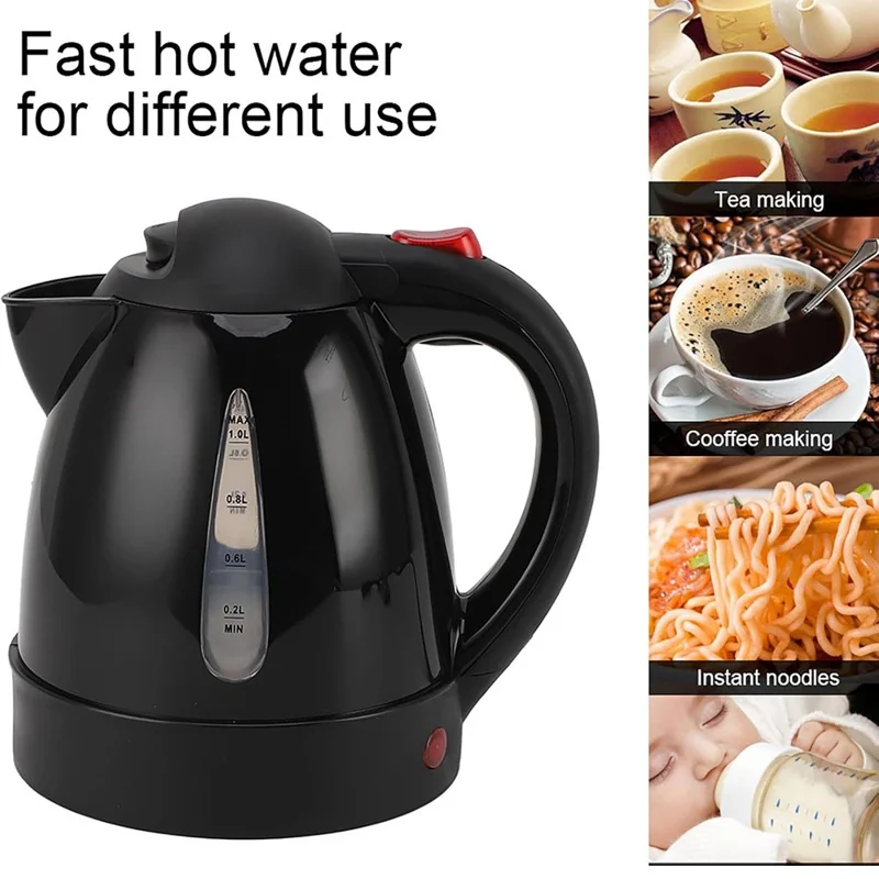 24V Portable Car Electric Water Kettle 1L 250W Fast Boiling Tea Kettle with Cigarette Lighter Cord (BPA Free, No FDA) - Black
