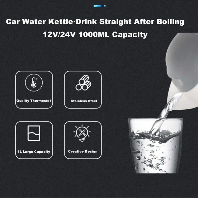 24V Portable Car Electric Water Kettle 1L 250W Fast Boiling Tea Kettle with Cigarette Lighter Cord (BPA Free, No FDA) - Black