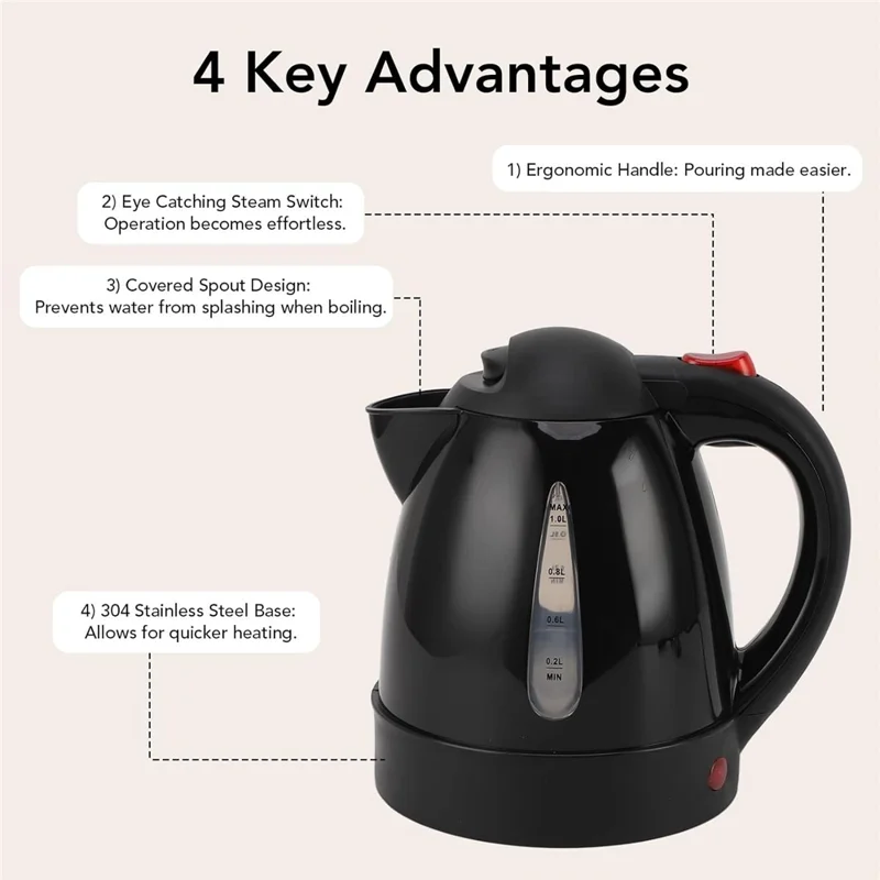 24V Portable Car Electric Water Kettle 1L 250W Fast Boiling Tea Kettle with Cigarette Lighter Cord (BPA Free, No FDA) - Black