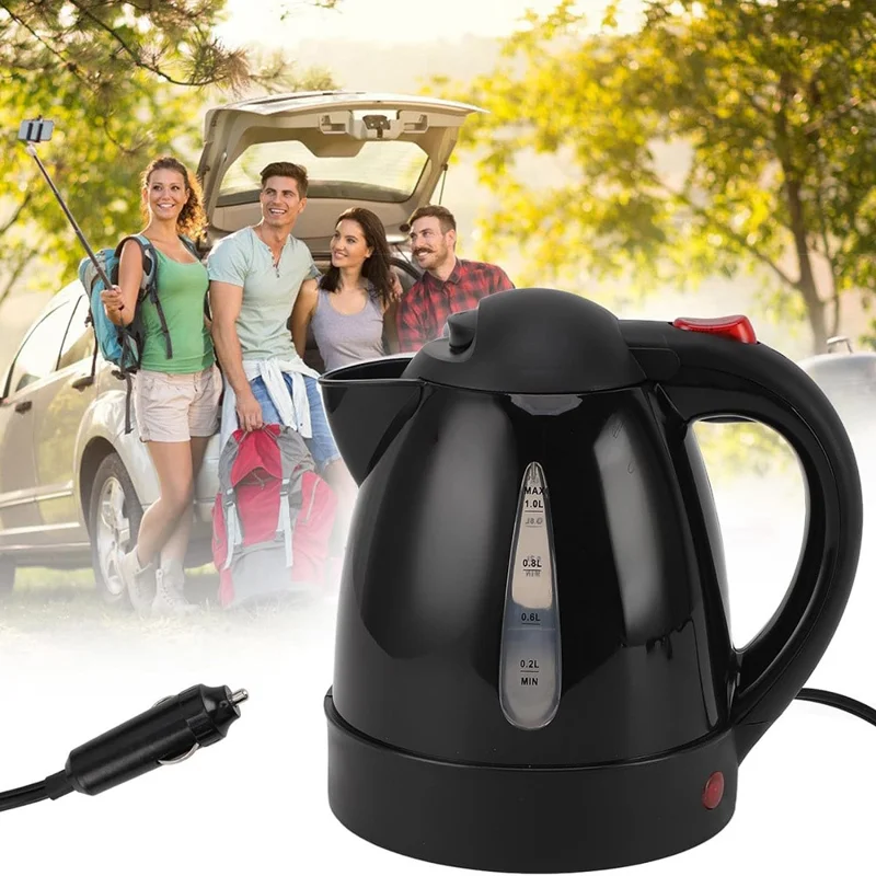 24V Portable Car Electric Water Kettle 1L 250W Fast Boiling Tea Kettle with Cigarette Lighter Cord (BPA Free, No FDA) - Black