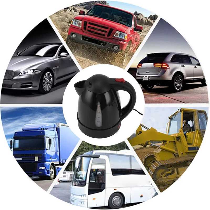24V Portable Car Electric Water Kettle 1L 250W Fast Boiling Tea Kettle with Cigarette Lighter Cord (BPA Free, No FDA) - Black