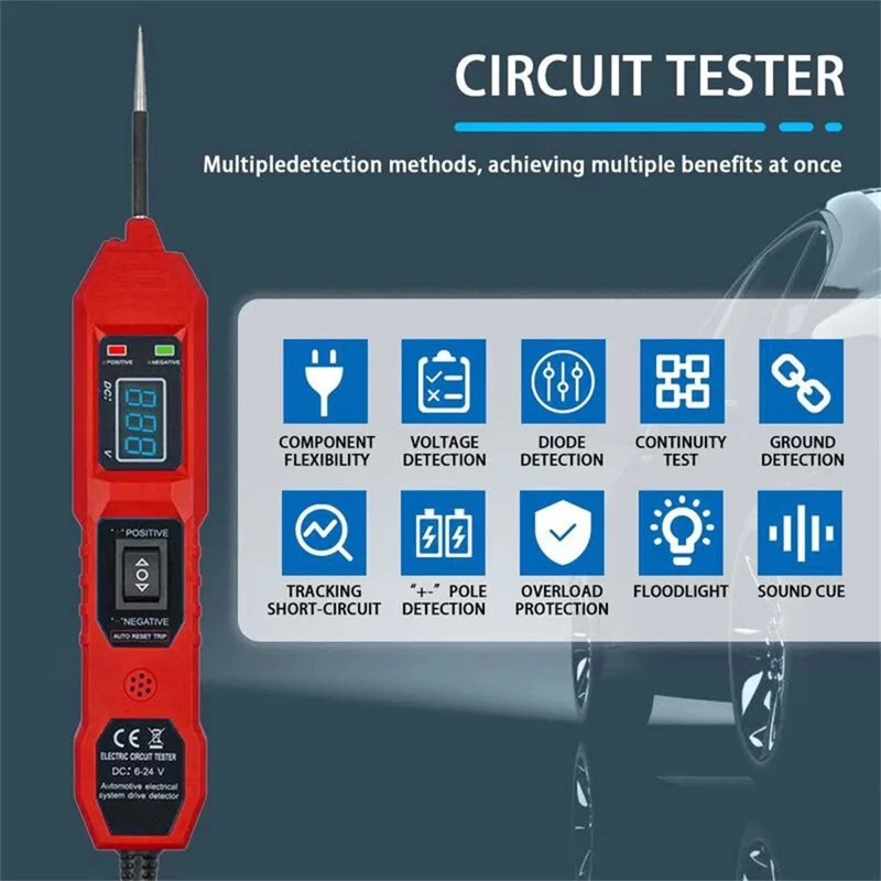 LCD Display Car Battery Circuit Tester 3.5-40V DC Automotive Electrical System Diagnostic Tool - Red