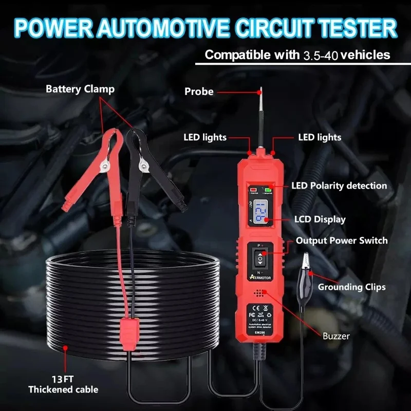 LCD Display Car Battery Circuit Tester 3.5-40V DC Automotive Electrical System Diagnostic Tool - Red