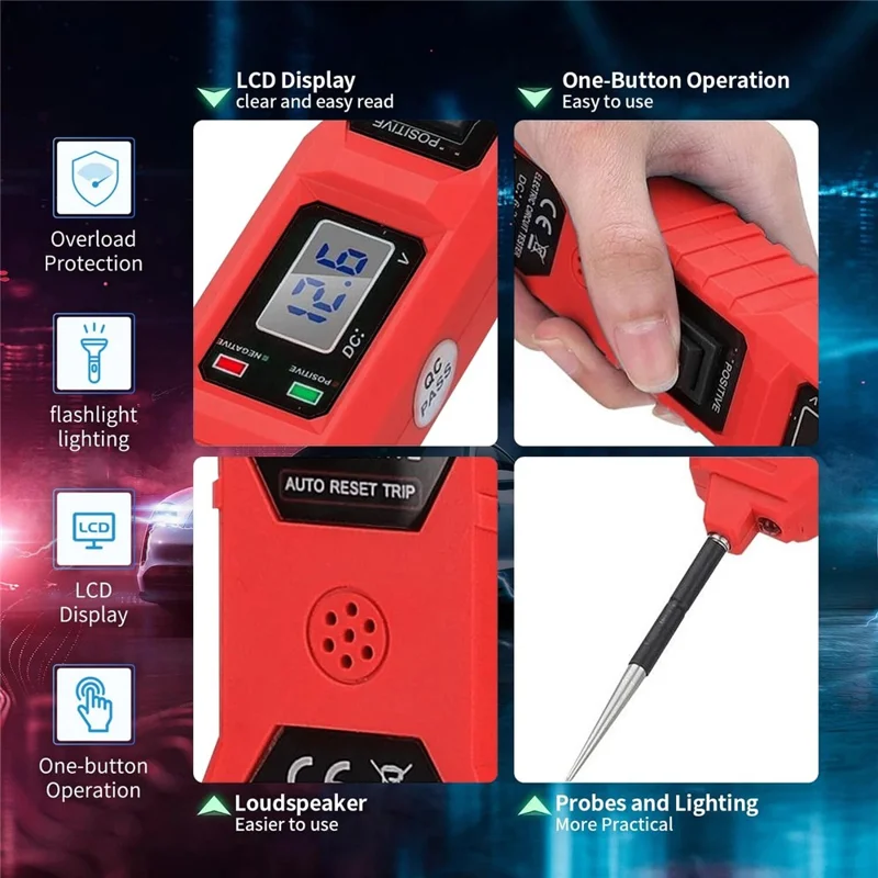 LCD Display Car Battery Circuit Tester 3.5-40V DC Automotive Electrical System Diagnostic Tool - Red