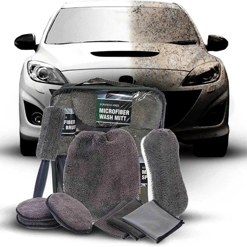 9Pcs Car Wash Kit Microfiber Towel Sponge Wax Applicator Wheel Brush Scratch Free Cleaning Set - Grey