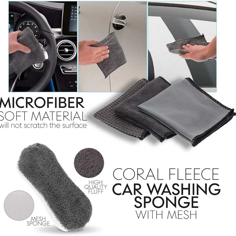 9Pcs Car Wash Kit Microfiber Towel Sponge Wax Applicator Wheel Brush Scratch Free Cleaning Set - Grey