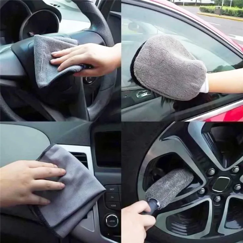 9Pcs Car Wash Kit Microfiber Towel Sponge Wax Applicator Wheel Brush Scratch Free Cleaning Set - Grey