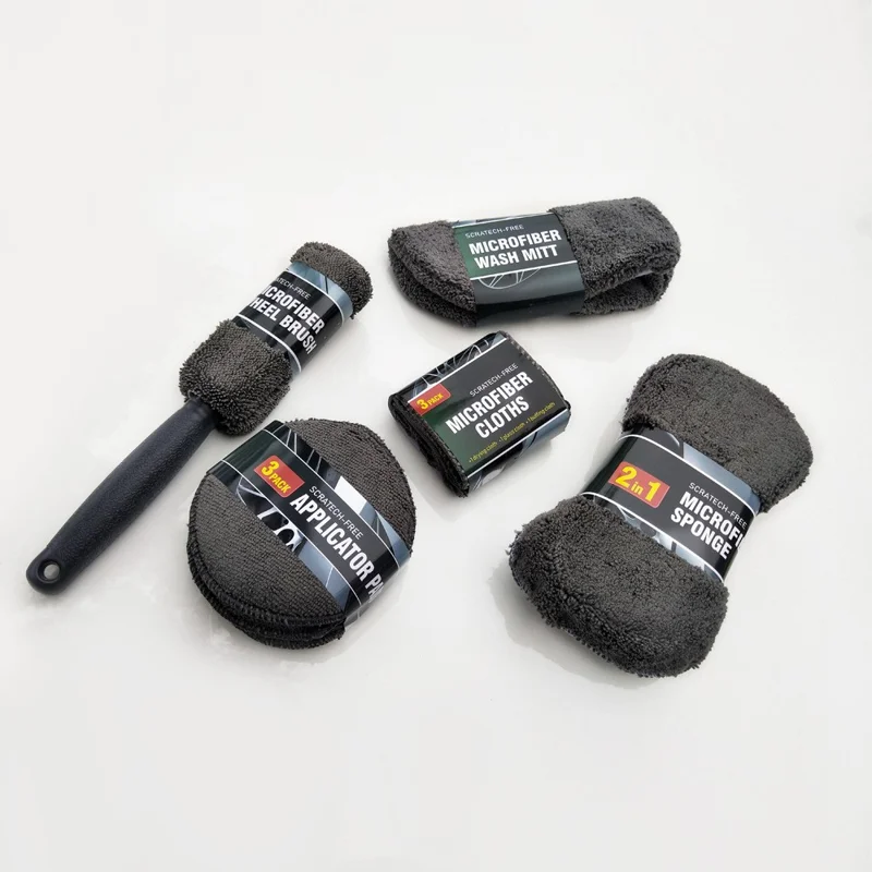 9Pcs Car Wash Kit Microfiber Towel Sponge Wax Applicator Wheel Brush Scratch Free Cleaning Set - Grey