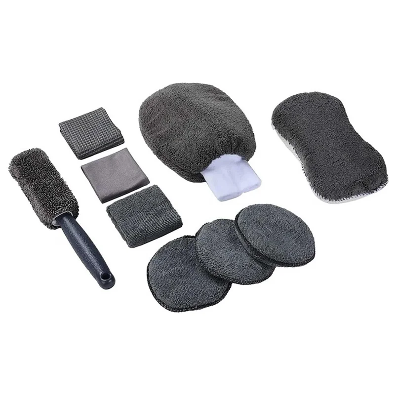 9Pcs Car Wash Kit Microfiber Towel Sponge Wax Applicator Wheel Brush Scratch Free Cleaning Set - Grey