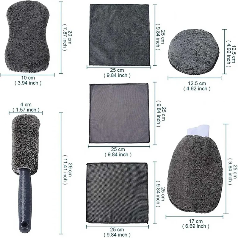9Pcs Car Wash Kit Microfiber Towel Sponge Wax Applicator Wheel Brush Scratch Free Cleaning Set - Grey
