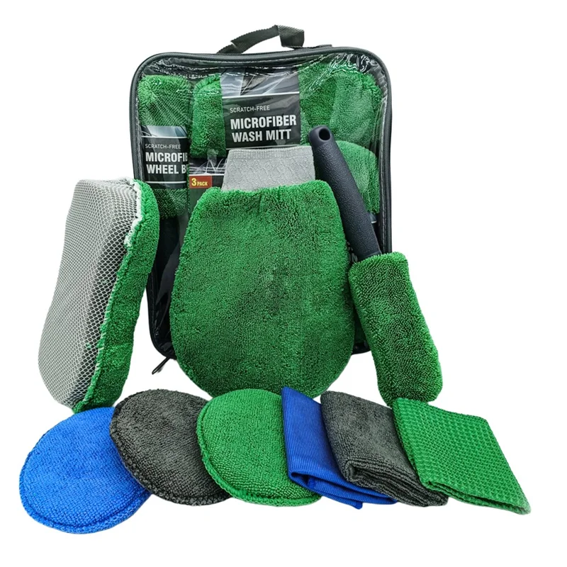 9Pcs Car Wash Kit Microfiber Towel Sponge Wax Applicator Wheel Brush Scratch Free Cleaning Set - Blue