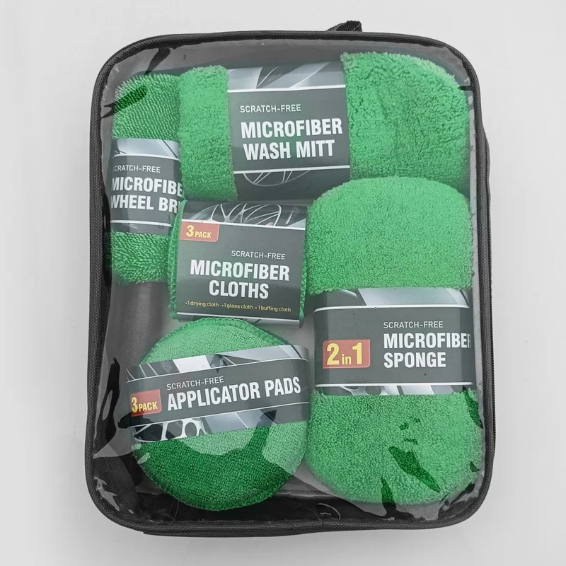 9Pcs Car Wash Kit Microfiber Towel Sponge Wax Applicator Wheel Brush Scratch Free Cleaning Set - Blue