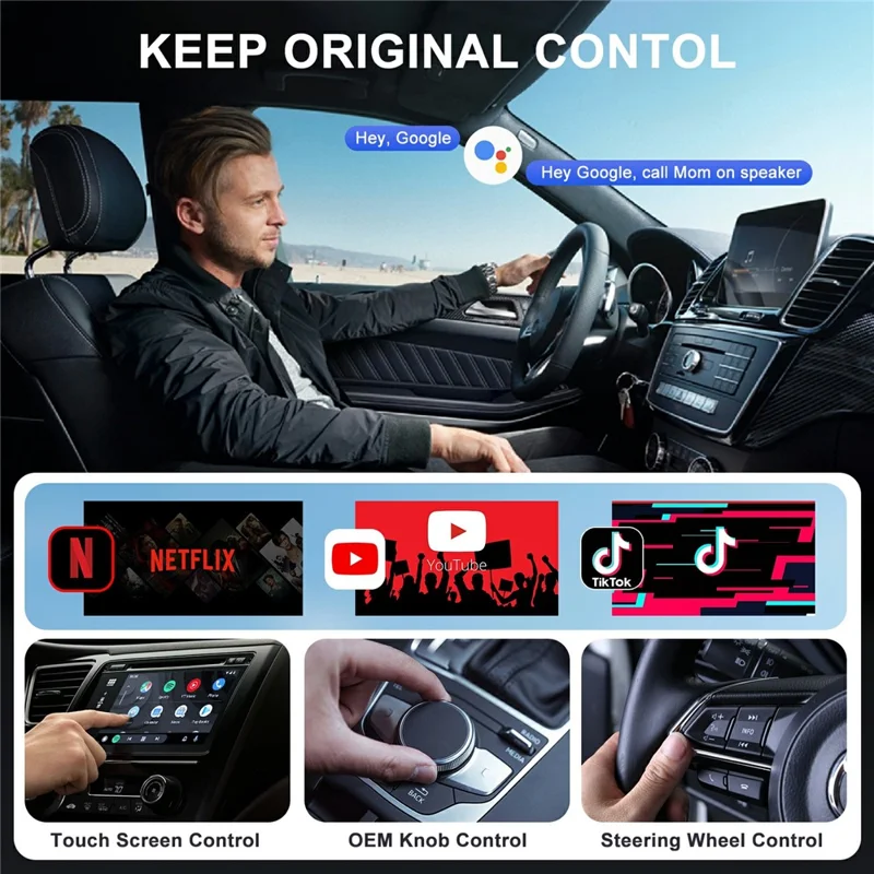 TYS-4222S Wireless CarPlay Android Auto Mirror Adapter Plug and Play Airplay Screen Mirroring USB Dongle - Black