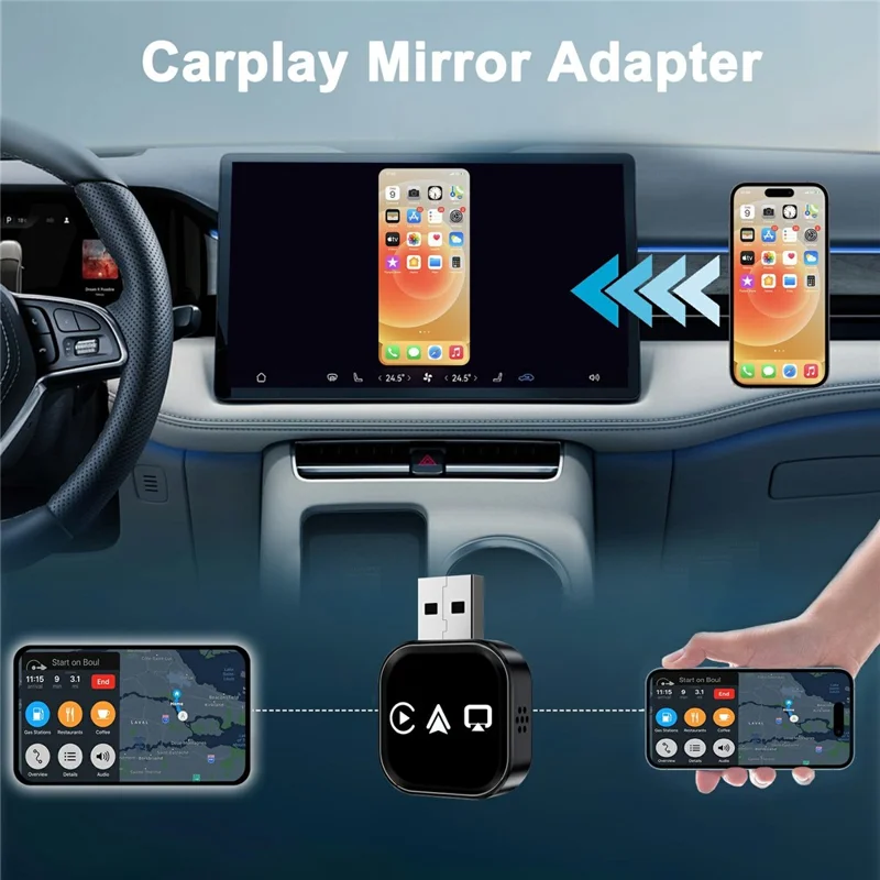 TYS-4222S Wireless CarPlay Android Auto Mirror Adapter Plug and Play Airplay Screen Mirroring USB Dongle - Black