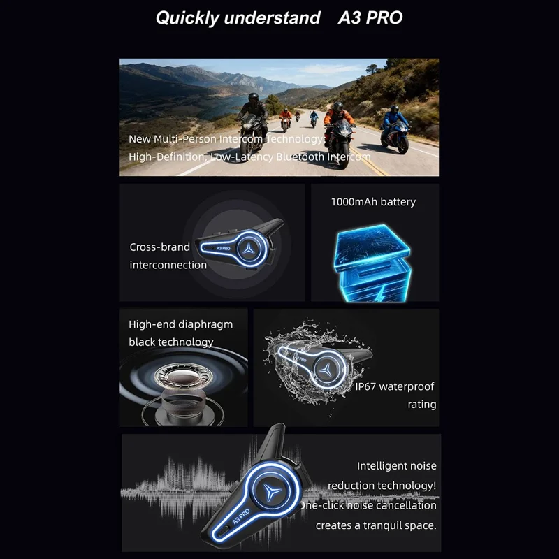A3 PRO Motorcycle Helmet Bluetooth-compatible Intercom Headset with Hard Mic 1000m Range IP67 Waterproof Interphone
