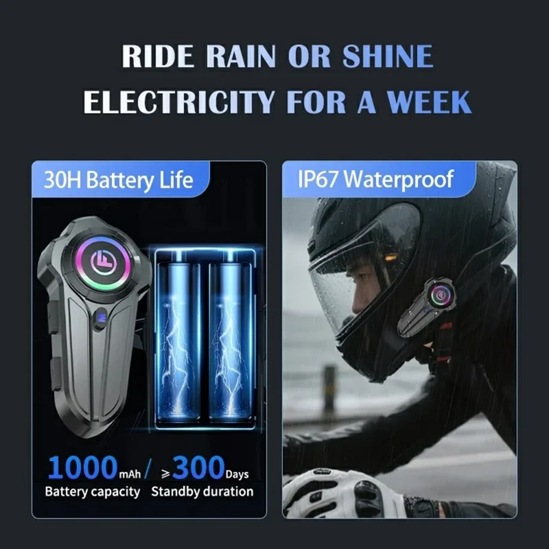 F10 PRO Motorcycle Helmet Bluetooth-compatible Intercom Headset with Hard Mic IP67 Waterproof 1000m Range Two-way Communication Interphone